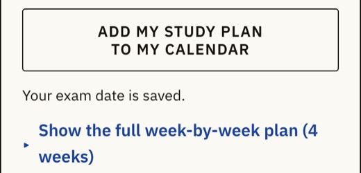 The week card's Add my study plan to my calendar button and the full week-by-week plan